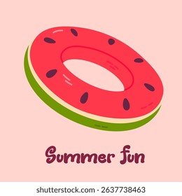 Summer card featuring a watermelon pool float and the text Summer Fun on a soft background, ideal for beach-themed graphics and holiday marketing