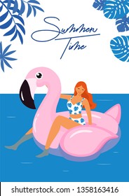 Summer card with flamingo inflatable pool float and girl in swimsuit  Vector illustration.