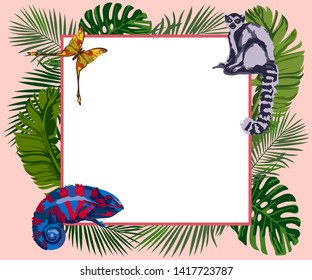 Summer card with flamingo and tropical leaves background, exotic floral design for banner, flyer, invitation, poster, web site or greeting card. Vector illustration