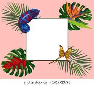 Summer card with flamingo and tropical leaves background, exotic floral design for banner, flyer, invitation, poster, web site or greeting card. Vector illustration