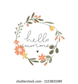 Summer card with floral wreath. Simple and cute poster "hello summer" with tender wild flowers and herbs. For invitations, banners, postcards design. Vector illustration