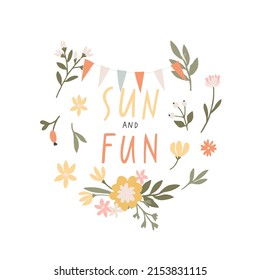 Summer card with floral wreath. Simple and cute poster "hello summer" with tender wild flowers and herbs. For invitations, banners, postcards design. Vector illustration