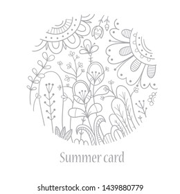 Summer card with flowers and herbs. Vector contour image. Doodle style.