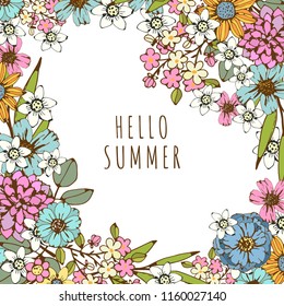 Summer card. Flowers, leaves. Hand drawn isolated frame. Space for text