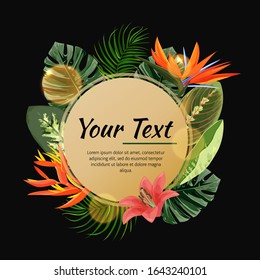 Summer card with flowers and leaves on a black background. Vector exotic illustration.