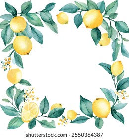 Summer card with flowers and lemon branch. Floral design elements for wedding invitation, label for drinks. Vector illustration.