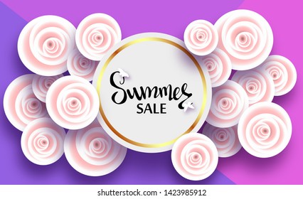 Summer card with flowers of light pink roses and shadows, for discounts, sales, promotions. The inscription in a round golden frame. Butterflies