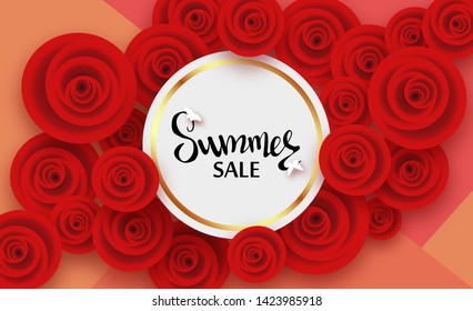 Summer card with flowers of red roses and shadow, for discounts, sales, promotions. The inscription in a round golden frame. Butterflies