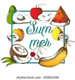 Summer card with fruits. Set of fruits. Lemon, watermelon, apple, apricot, avocado, cherry, coconut, banana in graphic style. Sketch. Drawing by hand. Vector graphics.