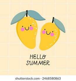 Summer card with funny mangoes. Hand lettering "Hello Summer". Vector illustration