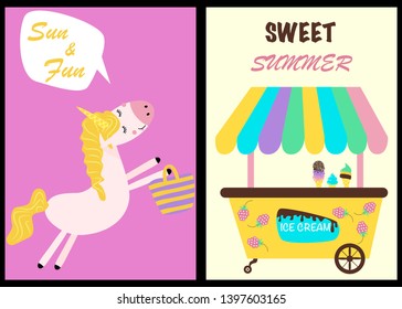 summer card with funny unicorn and ice cream truck