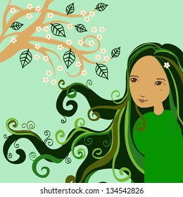 Summer card. Girl with long flowing hair.