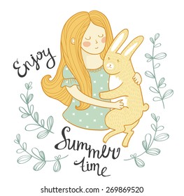 Summer card. The girl with a rabbit in flowers