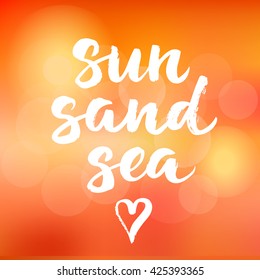 Summer card with hand drawn brush lettering. Summer background with calligraphic design elements - sun, sand, sea. Beach holidays summer poster, vector illustration. 