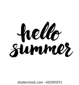 Summer card with hand drawn brush lettering. Hello summer text. Summer background with calligraphic design elements, vector illustration. Summer holidays poster.