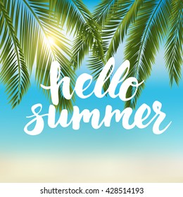 Summer card with hand drawn brush lettering. Hello summer text, vector illustration. 