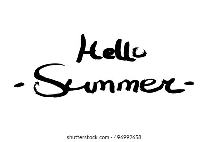 Summer card with hand drawn brush lettering. Hello summer text. Summer background with calligraphic design elements, vector illustration. Summer holidays poster.