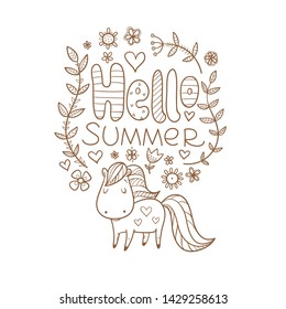 Summer card with a horse and plants. Vector contour image no fill. 