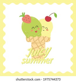 Summer card with ice cream, ice cream with fruit, for a banner, for a gift, for printing. Vector illustration.