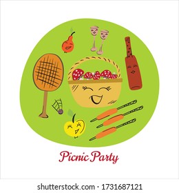 Summer card with the inscription. Picnic items set. Doodles with eyes. Picnic party