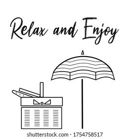 Summer Card . Isolated to white background. Relax and Enjoy. Summer holiday. Sun umbrella. Basket Bag. For Design Book, postcard, card,poster, print on a beach bag and t-shirt.