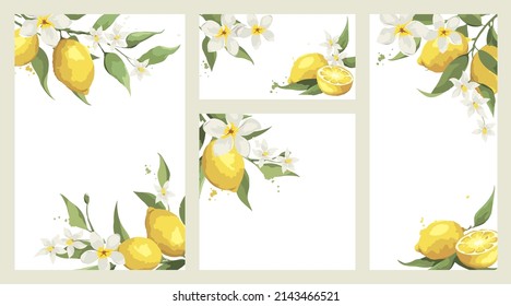 Sommerkarte mit Jasminblumen und Zitronenzweig. Blumendesign-Elemente für Hochzeitseinladung, Label für Getränke. Vektorgrafik.