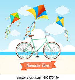 Summer Card with Kite and Bike. Vector illustration