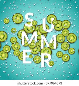 Summer card with kiwi slices and fizzy water. Design for for invitation, flyer, poster, banner, card, beach party.