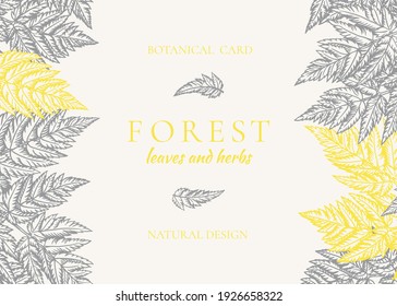 Summer card with leaves. Botanical vector illustration. Gray background and yellow greeting. 