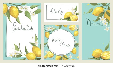 Summer Card With Lemon Branch. Design Elements With Citrus Fruits, Vector Illustration, Wedding Invitation.	