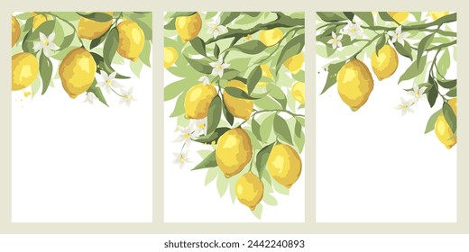 Tarjeta de verano con rama de limón — dibujo a mano libre. Colección de carteles con frutas cítricas y flores, ilustración vectorial, etiqueta, cartel.	