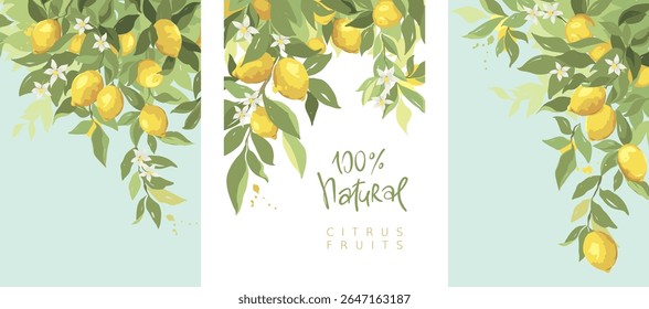 Summer card with lemon branch -- free hand drawing. Collection of posters with citrus fruits and flowers, vector illustration, label, poster with white and turquoise background.	