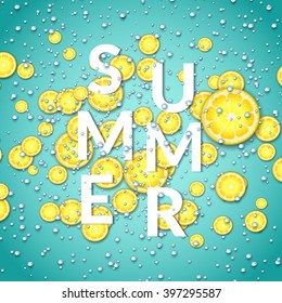 Summer card with lemon slices and fizzy water. Design for for invitation, flyer, poster, banner, card, beach party.