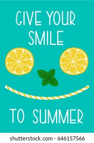 Summer card with lemon slices, mint and ice. Blue and yellow background with hand written lettering. Lemonade elements.