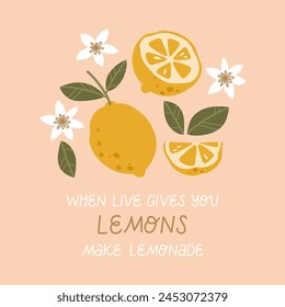 Summer card with lemons and flowers. For holiday decoration. Vector illustration