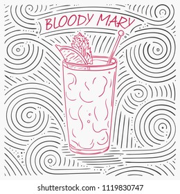 Summer Card With The Lettering - Bloody Mary. Handwritten Swirl Pattern With Cocktail In Glass. Vector Illustration For Design Cafe Menu, Card Or Poster.