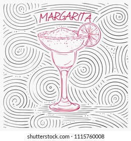 Summer Card With The Lettering - Margarita. Handwritten Swirl Pattern With Cocktail In Glass. Vector Illustration For Design Cafe Menu, Card Or Poster.