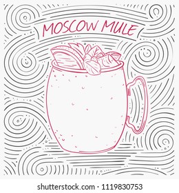 Summer Card With The Lettering - Moscow Mule. Handwritten Swirl Pattern With Cocktail In Glass. Vector Illustration For Design Cafe Menu, Card Or Poster.