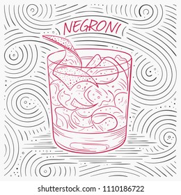 Summer Card With The Lettering - Negroni. Handwritten Swirl Pattern With Cocktail In Glass. Vector Illustration For Design Cafe Menu, Card Or Poster.