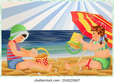 Summer card, little boy and girl building sandcastles on the beach. vector illustration