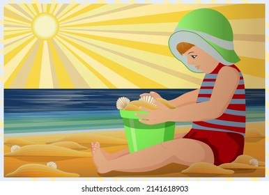 Summer card, little boy playing on the beach , vector illustration