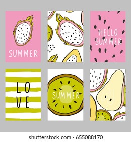 Summer card, notebook with Pear, papaya, kiwi, passion fruit, dragon fruit