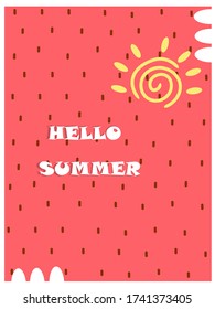 Sommerkarte auf Erdbeerhintergrund. Hallo Sommerposter auf abstraktem Erdbeerhintergrund mit Sonne und Platz für Text. Vorlage für Postkarten, Blog, Flyer, Einladung oder Poster. Vector