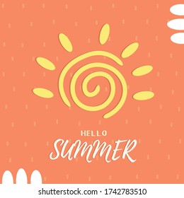 Summer card on a strawberry background. Hello summer poster on abstract strawberry background with sun with space for text. Template for a postcard, blog, flyer, invitation, or poster. Vector