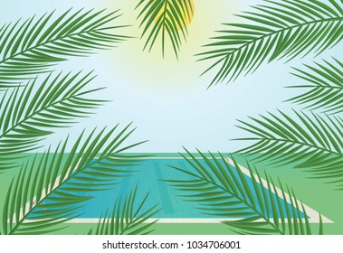 Summer card. Palm leafs in front of swimming pool on sunny day. vector illustration