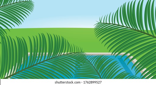 Summer card. Palm leafs in front of swimming pool on sunny day. vector illustration