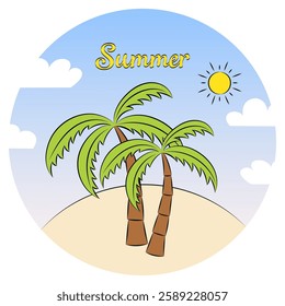 Summer card of palm tree with sun and leisure items against blue sky