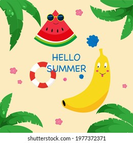 Summer card with palm trees and cartoon watermelon and banana. Hello summer. Vector graphics