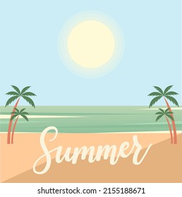 Tarjeta de verano con palmeras. Palmeras, puesta de sol y océano. Gráficos vectoriales