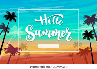 summer card with palms, sunset and beach. vector illustration